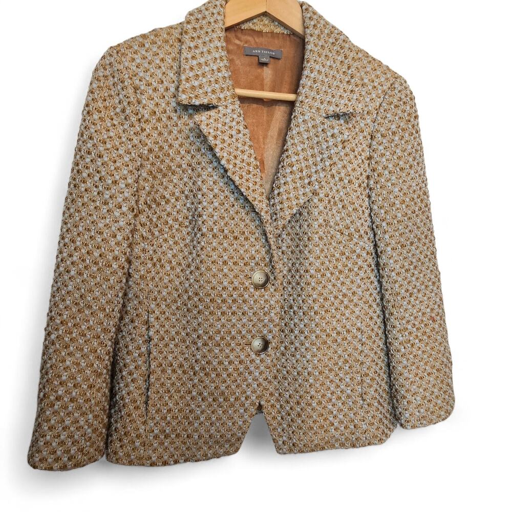 Ann Taylor Womens Textured Tweed Button Front Wool Blazer Size 6 Career Chic